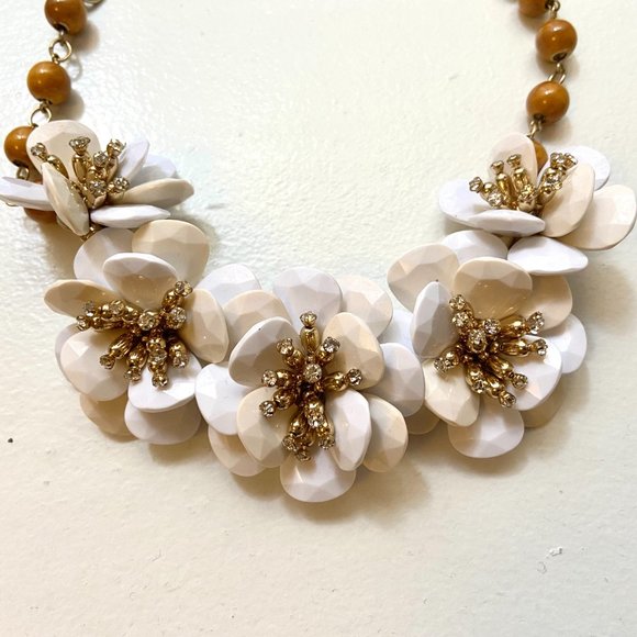 Anthropologie White Flower Statement Gold Necklace